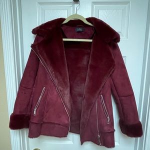Burgundy Coat with Faux Fur Trim
